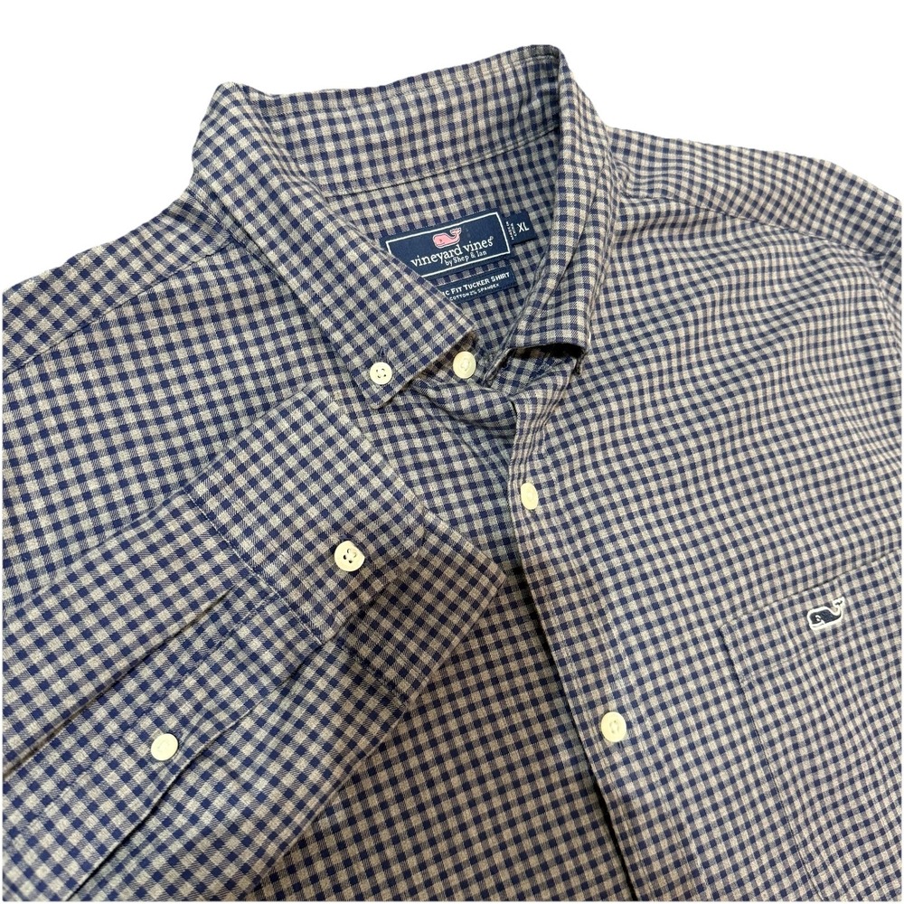 🐋 Vineyard Vines Classic Fit Tucker Shirt XL Blue Gingham Plaid Stretch Men's